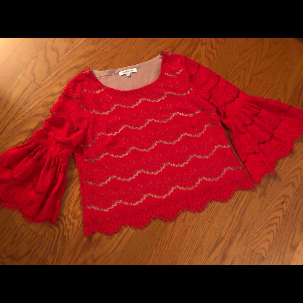 Rose + Olive Red Lace Lined Top with Bell Sleeves